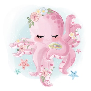 Poulpe Mignon Floral - Illustration Numérique PNG -Carte de vœux de poulpe pour les amoureux des animaux, carte de poulpe