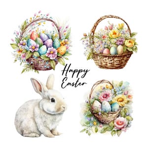Clipart Aquarelle Joyeuses Pâques - Lapin, Paniers d'Oeufs et Fleurs - PNG Transparent pour Créations Printanières",