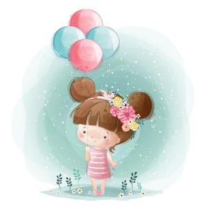 Clipart numérique anniversaire adorable : petite fille avec des ballons cadeau Clipart PNG transparents, conception de carte  bébé/enfant