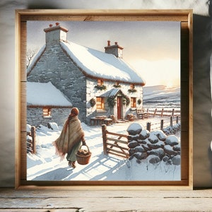 Arte stampabile per cartolina di Natale con paesaggio innevato, cottage di campagna natalizio irlandese ad acquerello