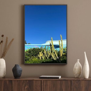 Stampa artistica da parete con cactus del deserto – Decorazione sud-occidentale con cielo azzurro intenso – Fotografia paesaggistica minimalista moderna per case boho e di metà secolo