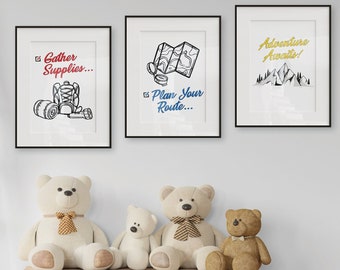 Adventure awaits nursery print set, camping nursery art, outdoors nursery art, nursery printable art, nursery wall art, kids wall art
