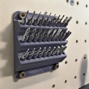May include: A gray plastic wall-mounted organizer with a variety of silver screwdriver bits. The organizer has three rows of slots for the bits.