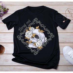 Camiseta floral con calavera gótica - Camiseta unisex informal, estilo Halloween, moda grunge, regalo para él/ella, uso diario
