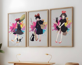 Kiki's Delivery Service Poster 3 Pack, Kiki And Jiji Wall Art, Ghibli Anime Wall Print, Ghibli Art Poster, Studio Ghibli Posters Pack Print