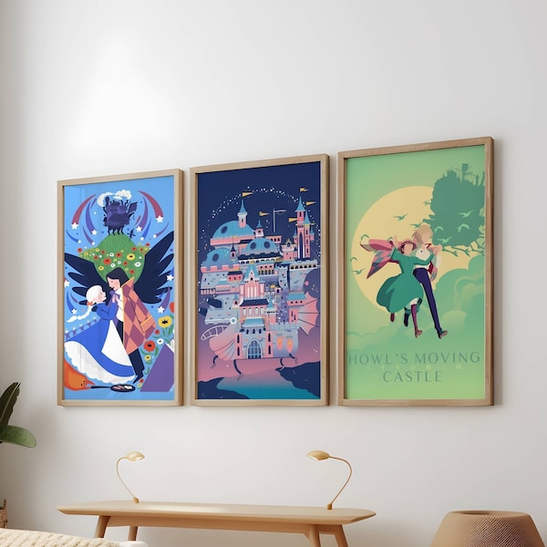 Holwl's Moving Castle Poster 3 Pack, Ghibli Anime Wall Print, Ghibli Poster, Howl's Moving Castle Wall Art, Studio Ghibli Posters Pack Print