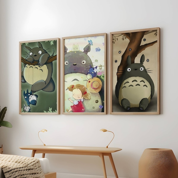 Ghibli Totoro Poster 3 Pack, Mijn buurman Totoro Wall Art, Set 3 Stuk, Ghibli Anime Wall Print, Hayao Miyazaki Poster, Studio Ghibli Posters