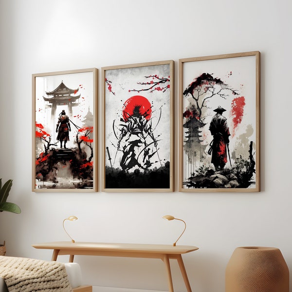 Lot de 3 affiches guerrier samouraï, impression murale anime japonais, affiche samouraï majestueuse, art mural aquarelle japonais, impression pack peinture samouraï