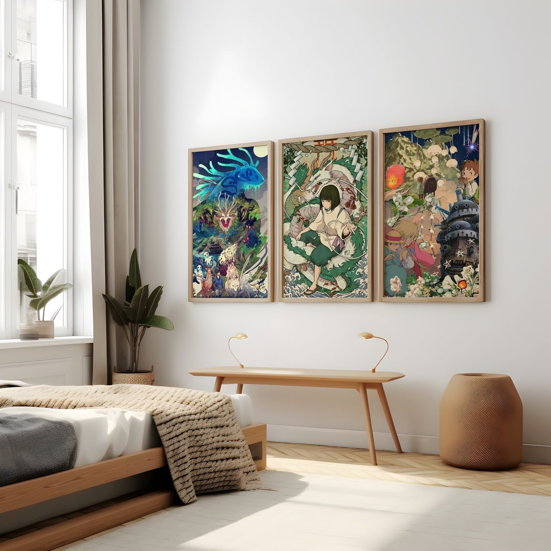 Studio Ghibli Poster 3 Pack, Ghibli Wall Art Deco, Miyazaki Wall Art