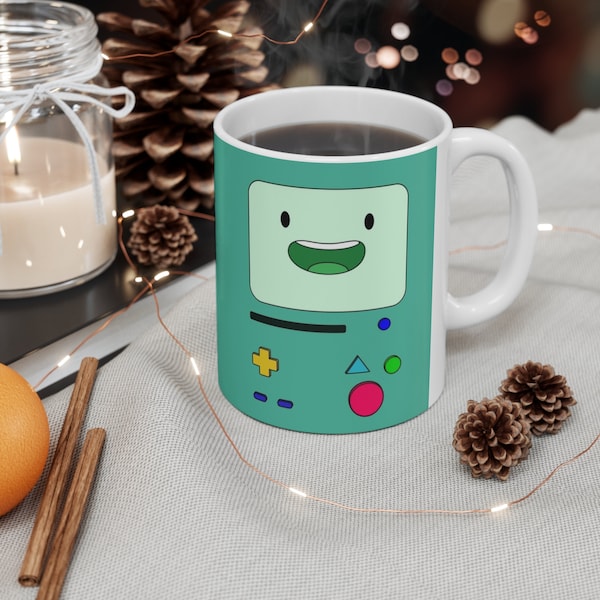 BMO sits and waves - Adventure Time, Happy Bmo Edition, Who Wants To Play, Videogame mug, Mug Funny Videogames