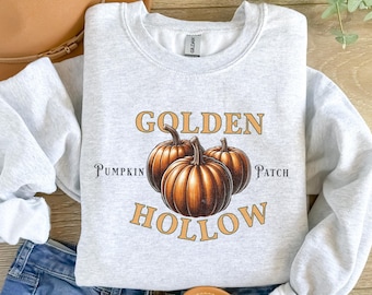 Moletom Golden Harvest Pumpkin Patch | Gola redonda aconchegante de outono | Estilos vintage e clássicos | Pulôver Pumpkin Patch | Suéter com logotipo da Autumn Farm
