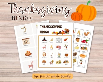 Printable Thanksgiving Bingo Cards, Thanksgiving Activity Kids adults, Thanksgiving Game Family Dinner, Thanksgiving classroom