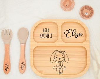 Bambusteller mit Saugnapf, Babyteller aus Bambus, Kinderteller aus Holz, Geschenk zur Geburt, Taufe, Kinderbesteck, Taufgeschenk, Baby