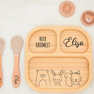 Personalisierter Bambusteller mit Saugnapf, Babyteller mit Namen, Geschenk zur Geburt, Babygeschirr Bambus, Kinderteller rutschfest, Baby