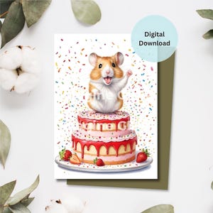 Carte d'anniversaire hamsters fraise thème carte imprimable fête carte de voeux célébration téléchargement numérique amusant conception de hamster