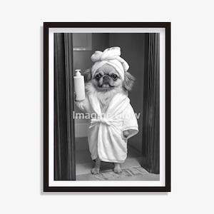 Pekingese Dog Bathroom Art Decor Black and white Printable Art Restroom Poster Digital Download