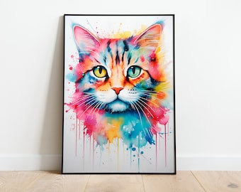 Watercolor Cat Art Print: Colorful Kitty Nursery Decor (Digital Download)