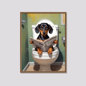 Dachshund Dog Toilet Artwork | Funny Bathroom Wall Decor | Newspaper | Nursery Printable Art | Animal Restroom | Instant Digital Download