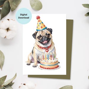 d'anniversaire de chien carlin | Carte de joyeux anniversaire | Fête | de voeux | Célébration | Carte imprimable | Téléchargement numérique
