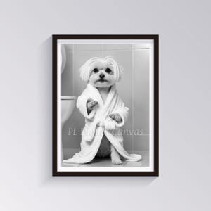 Maltese Dog in Toilet Artwork - Funny Bathroom Wall Decor - Black and White - Printable Art - Restroom Art - Instant Digital Download