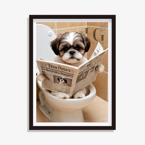 Funny Shih Tzu Bathroom Art: Dog Reading Newspaper (Digital Download)