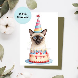 carte d'anniversaire de chat siamois | Carte imprimable | Chatons | minou | Fête | de voeux | Célébration | Téléchargement numérique