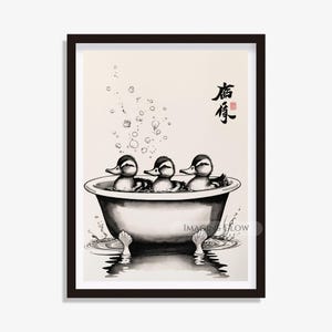 Ducks Bathroom Art Duckling in Bathtub Print Funny Duck Family Restroom Poster Japanese Art Painting Rustic Farmhouse Animal Wall Decor