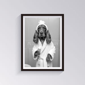 Ilustración de baño de perro Cocker Spaniel - Arte de baño en blanco y negro - Decoración divertida para la pared del baño - Arte imprimible - Descarga digital