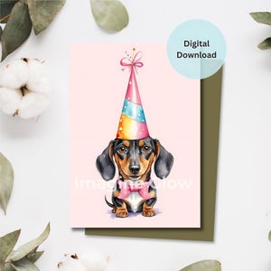Carte d'anniversaire chien saucisse teckel rose carte de voeux célébration carte chien mignon téléchargement numérique
