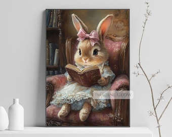 Impression d'art Bunny Reading : décoration de chambre d'enfant fantaisiste (téléchargement numérique)