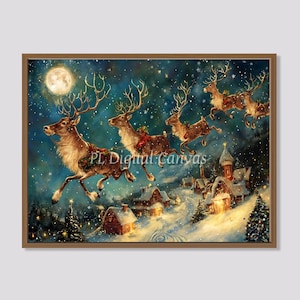 Reindeer Sleigh Flying in Sky Print - Santa&#39;s Sleigh Christmas Scene - Magical Holiday Gift Delivery Art Download