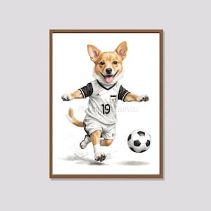 Impression football - chien jouant au football - oeuvre d'art drôle de chien - art mural imprimable - art chien - sport - téléchargement numérique instantané
