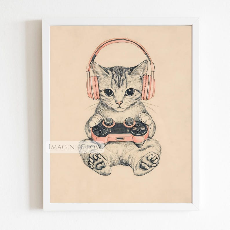Adorable cat playing video games digital print
Girl gamer cat artwork for bedroom decor