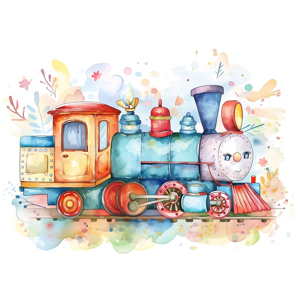 Cartoon Train Art | Baby Boy Birthday | Kid Bedroom Decor | Nursery Wall | Child Playroom | Watercolor Printable | Digital Download | 8 JPGs