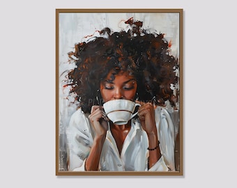 Woman Enjoying Coffee | Black Woman Painting | Female portrait Printable Art | Coffee Shop Wall Decor | Digital Print | Instant Download