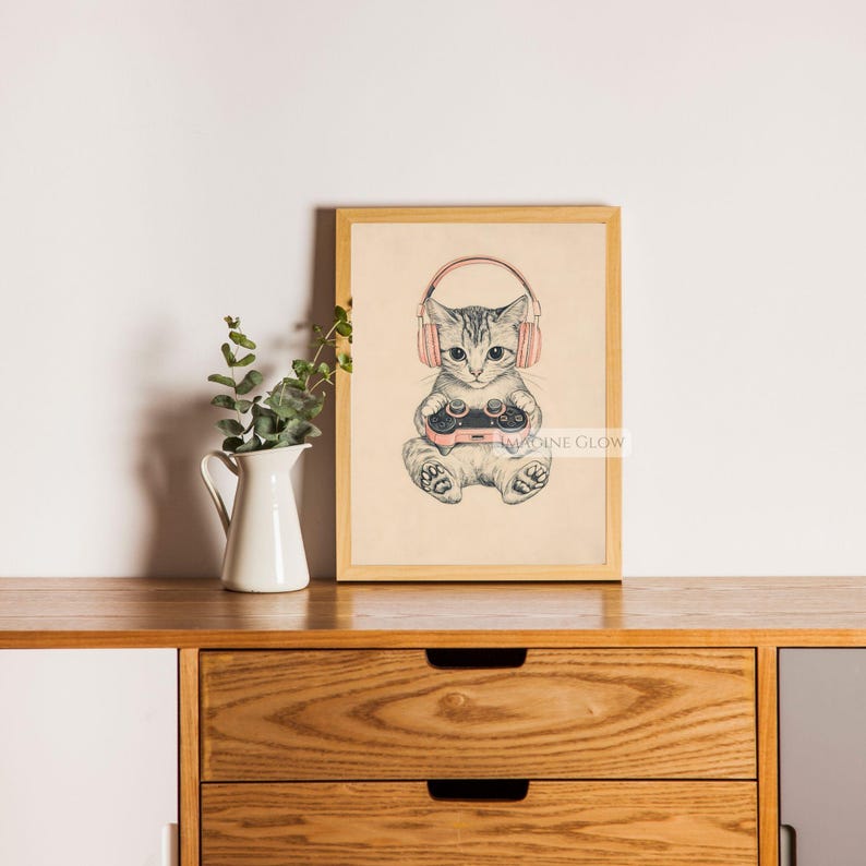 Gamer girl cat illustration for fun wall decor