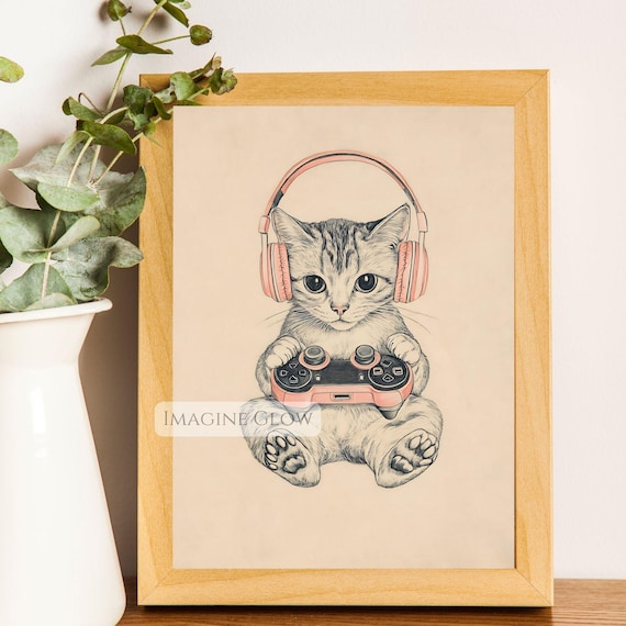 Gaming Cat Print: Pink Headphones, Video Game Art (Digital Download)