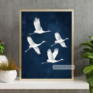 Impresión de grulla blanca, impresión artística de pájaros voladores, pintura de grulla japonesa, póster de pájaro japonés antiguo, arte de pared Japandi, decoración elegante con pájaros