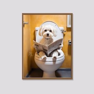 Maltese dog in Toilet Artwork | Funny Bathroom Wall Decor | Newspaper | Printable Art | Restroom Art | Digital Download