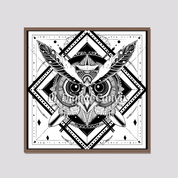 Ethnic Owl Artwork | Black and White Wall Decor | Symmetrical Art | Abstract Printable Art | Instant Digital Download