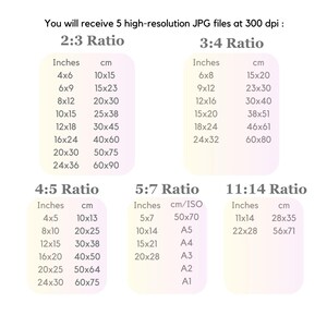May include: A chart showing different aspect ratios for digital images, with measurements in inches and centimeters. The ratios are 2:3, 3:4, 4:5, 5:7, and 11:14.