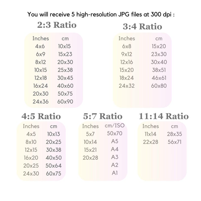 May include: A chart showing different aspect ratios for digital images, with measurements in inches and centimeters. The ratios are 2:3, 3:4, 4:5, 5:7, and 11:14.