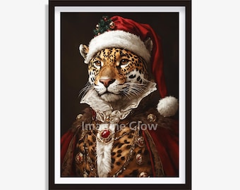 Cheetah Christmas Print - Jaguar Painting - Renaissance Royal Animal - Festive Digital Download - Dark Moody Printable Art