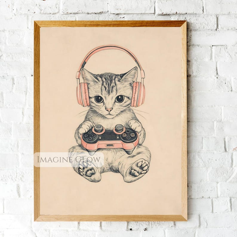 Pink gamer cat wall art with headphones