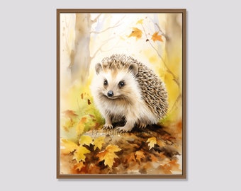 Hedgehog Art, Autumn Hedgehog in Forest, Watercolor Painting, Printable Art, Nursery Wall Decor, Digital Art Print, Instant Download