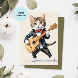 Gitaarkaart | Muziekkaart | Wenskaart | Verjaardag | Kat | Afdrukbare kaart | Digitale download