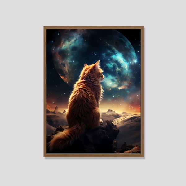 Mysterious Cat, Whimsical Cat In Galaxy Artwork, Abstract Printable Art, Nursery Wall Decor, Digital Art Print, Instant Download