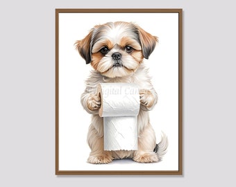 Shih Tzu Dog in Toilet Artwork | Bathroom Wall Decor | Nursery Printable Art | Animal Bathroom Art | Instant Digital Download