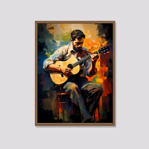 Man Playing Guitar, Abstract Colorful Printable Art, Oil Painting, Music Wall Decor, Digital Art Print, Instant Download File