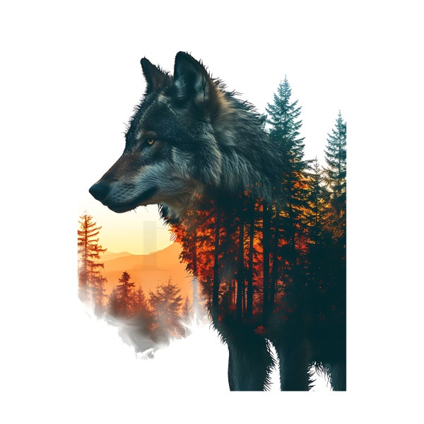 Double Exposure Wolf Artwork | Wolf and Mountain Clipart | Wolf and lake | Forest Printable Art | Instant Download | 8 JPGs File